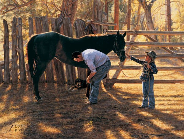 A Helping Hand Painting Horse Shoer Cowboy Little Boy  Horse Dog