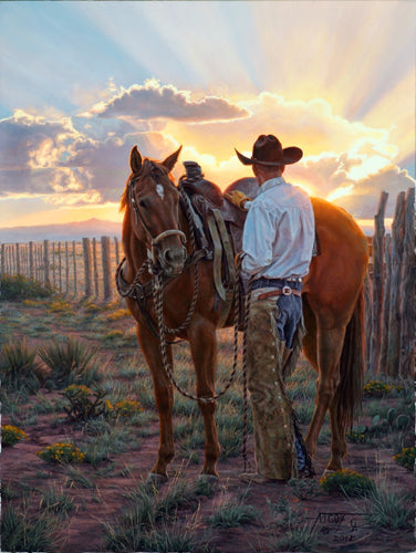 A Lot Like Heaven Painting Cowboy Sunrise Sorrel Horse