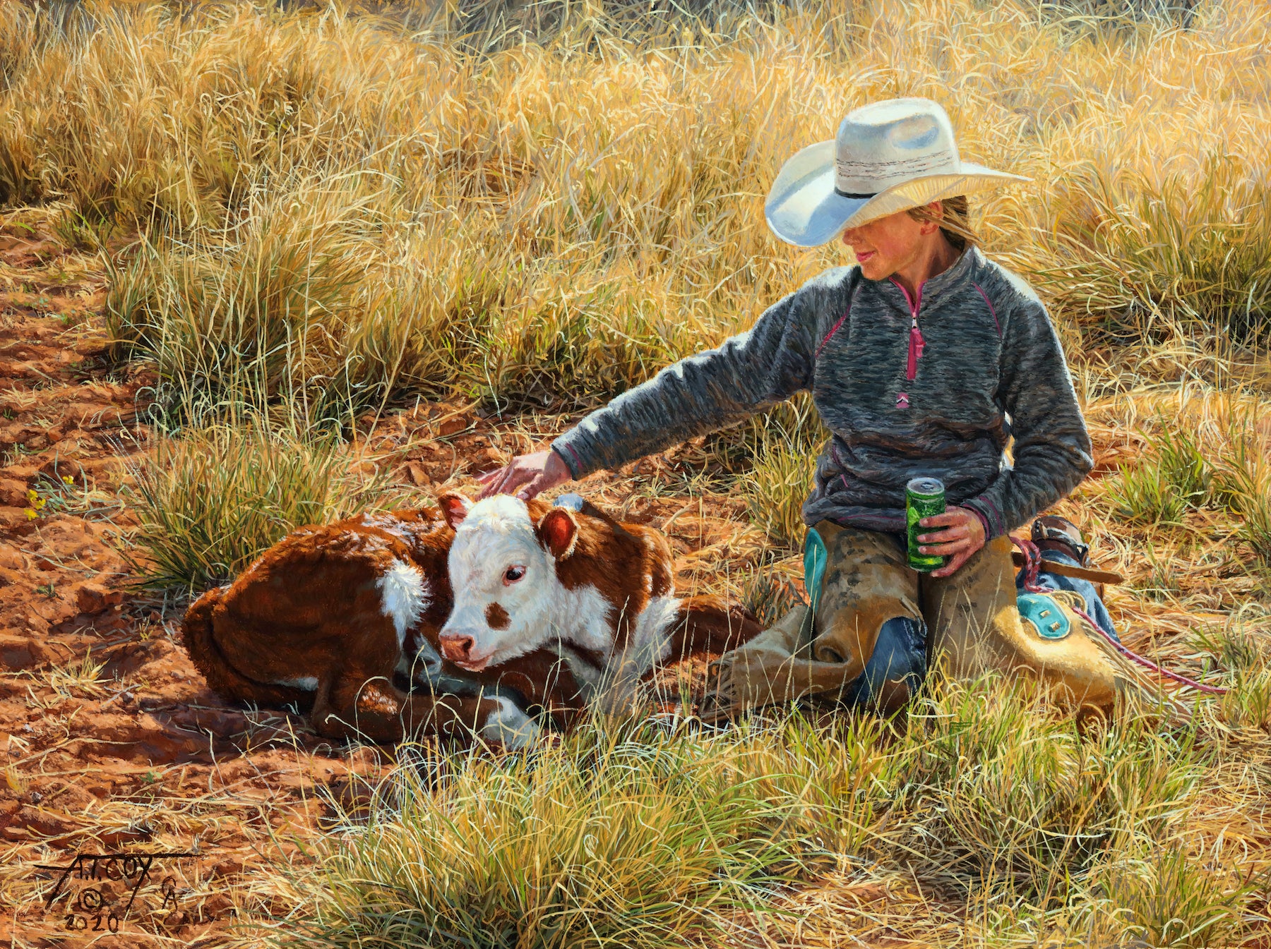 A Soft Touch painting of cowgirl with Hereford calf