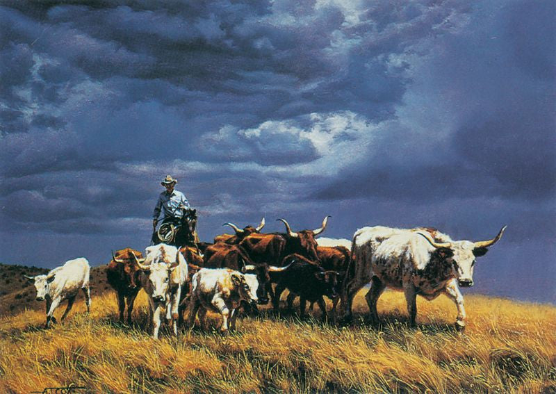 Ahead of the Storm painting of Cowboy riding horse, longhorn cattle and storm coming in
