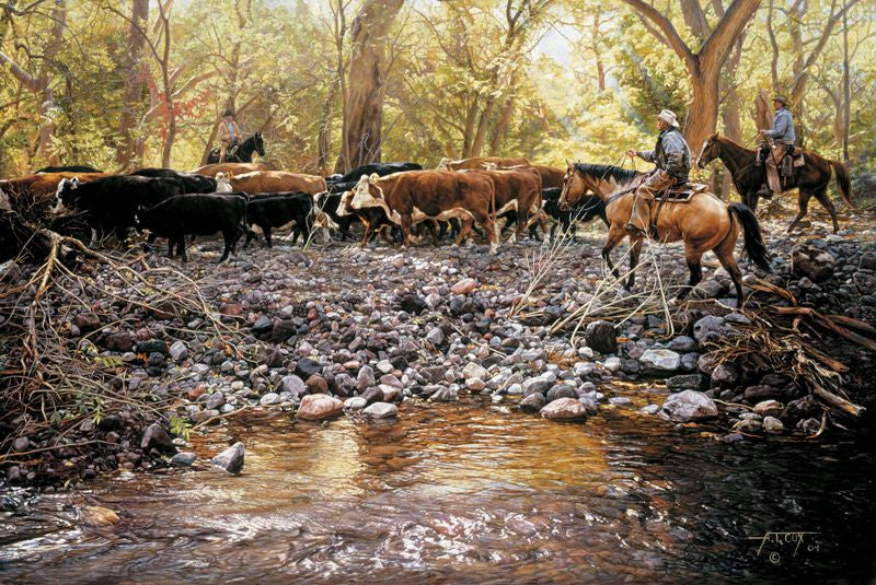 Along Eagle Creek Painting by Tim Cox with cowboys herding cows along creek