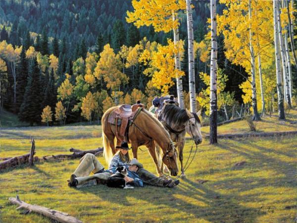 As Good As It Gets painting of cowboy, cowgirl, dog and horses resting in the meadow surrounded by fall aspen trees