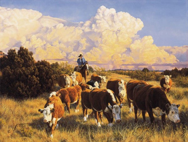 At His Own Pace painting by Tim Cox cowboy herding hereford cows with big white clouds in background