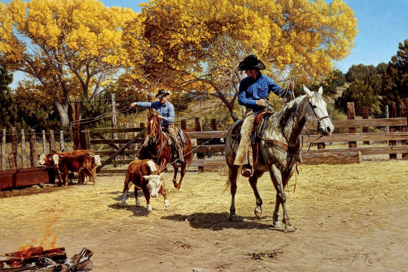 "Branding The Remnants" Painting By Tim Cox Cowboy on Grey horse roping hereford calf with cowboy healing in corral fall colored leaves