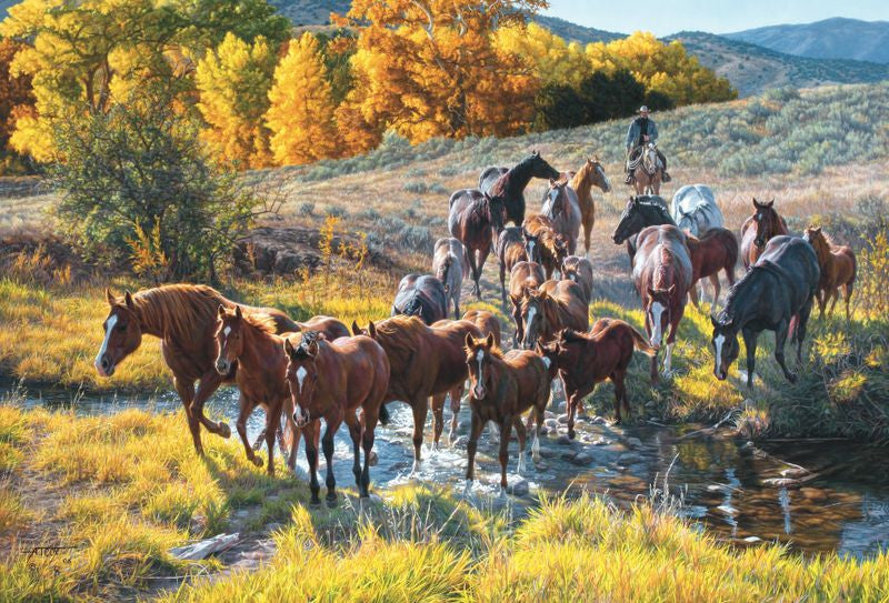 Crossing the Creek Painting Horses Cowboy
