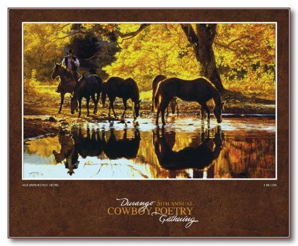 Autumn Reflections painting of cowboy horses autumn trees and reflections of horses in the water