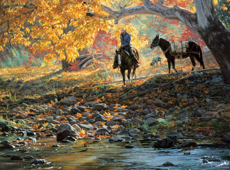 A Road Less Traveled painting by Tim Cox of cowboy, pack mule, dog with fall colors  by creek