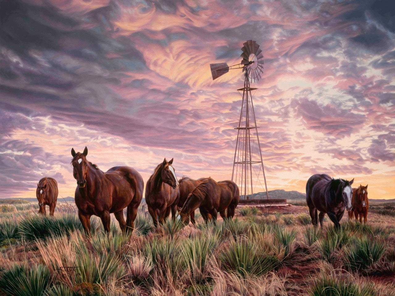 At The End Of The Day painting by Tim Cox  Horses windmills purple clouds sunset