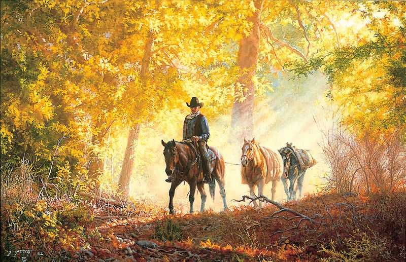 Autumn Morning Ride painting by Tim Cox cowboy riding horse leading pack horses through autumn forest
