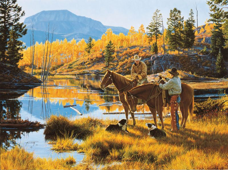 Autumn Splendor cowboys sorrel horses border collies rocky mountains lake deer