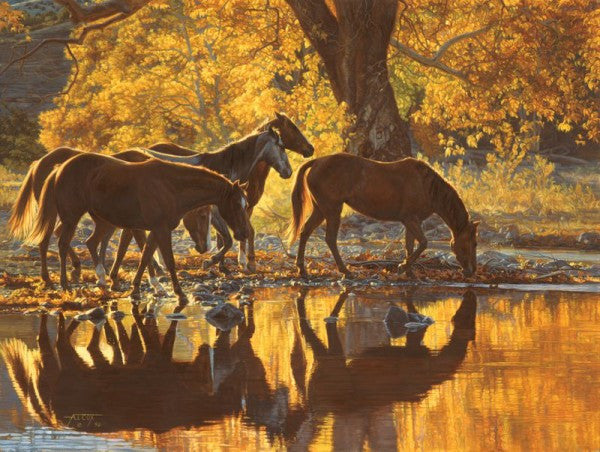 Autumns Amber Glow Painting Tim Cox Horses Fall Reflection In Water  