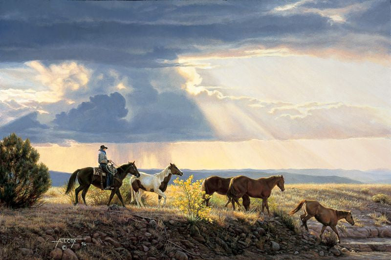 Between Heaven and Earth Painting by Tim Cox Cowboy Riding Horse herding horses with sunrises coming through clouds