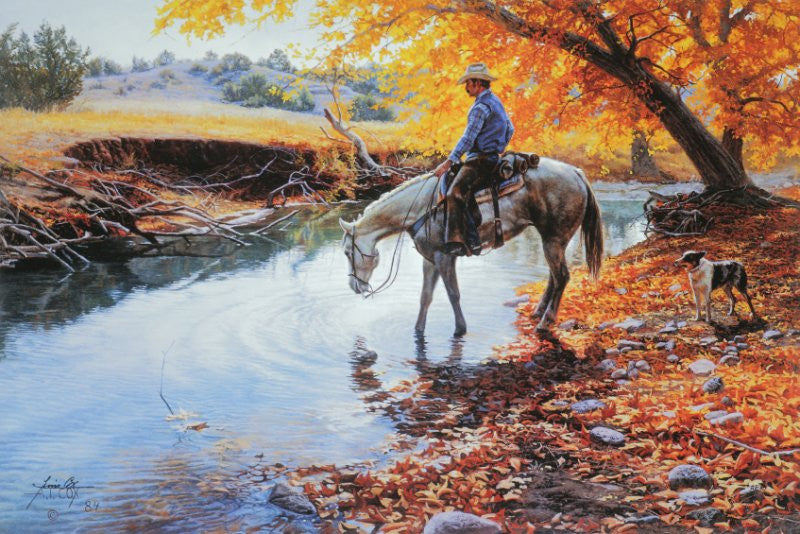 An Autumn Afternoon paintin of Cowboy unhorse at creek with dog and autumn colors